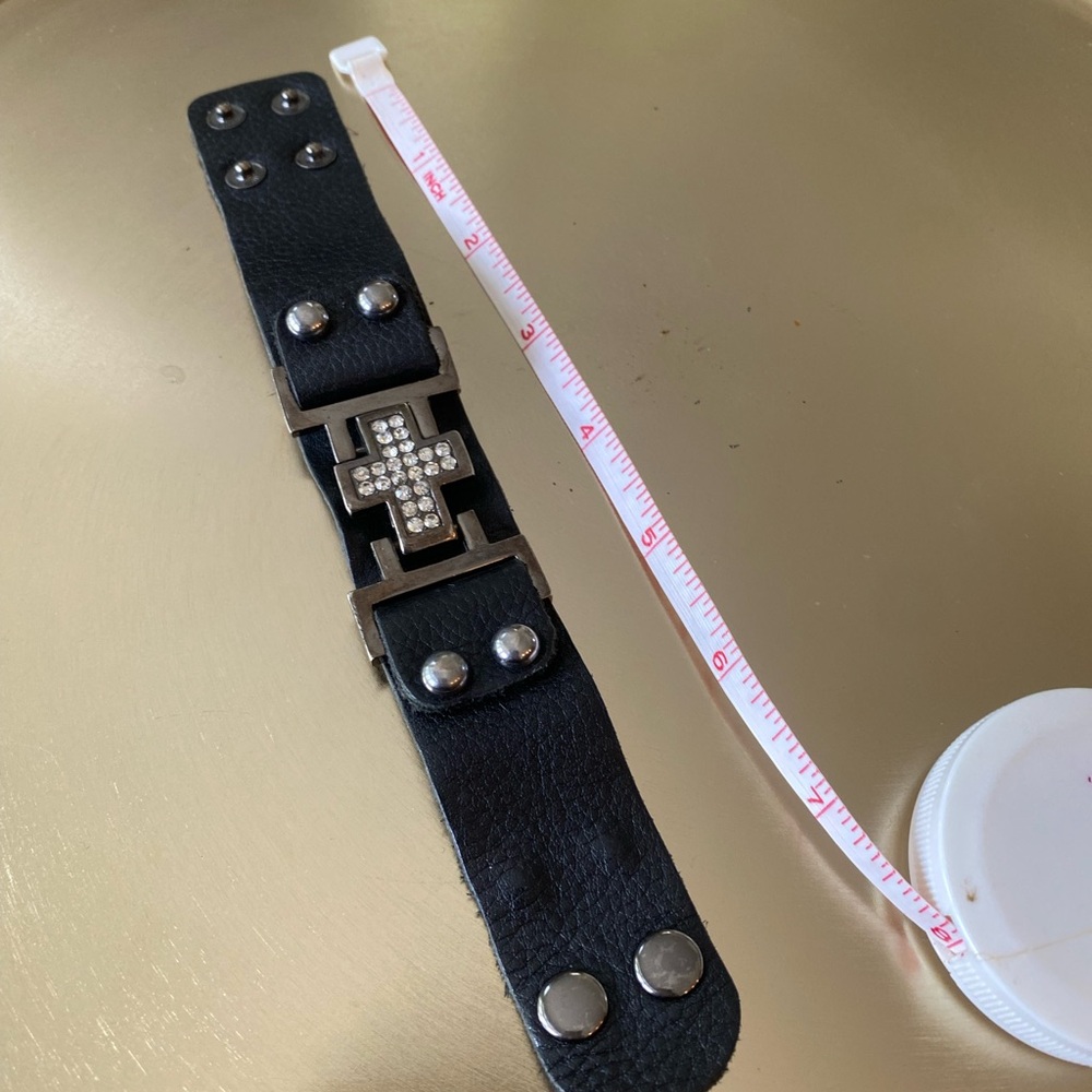 Black Leather Bracelet with Rhinestone Cross